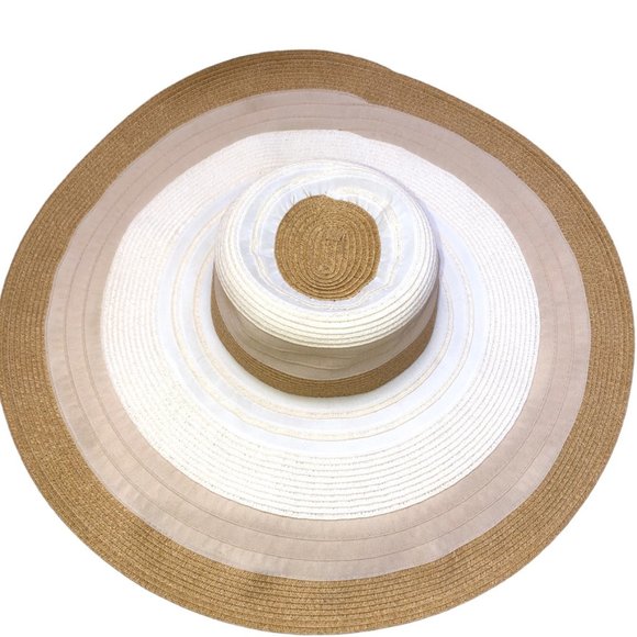 Stunning white tan wide brim cotton canvas straw black bow beach sun hat - Picture 6 of 9